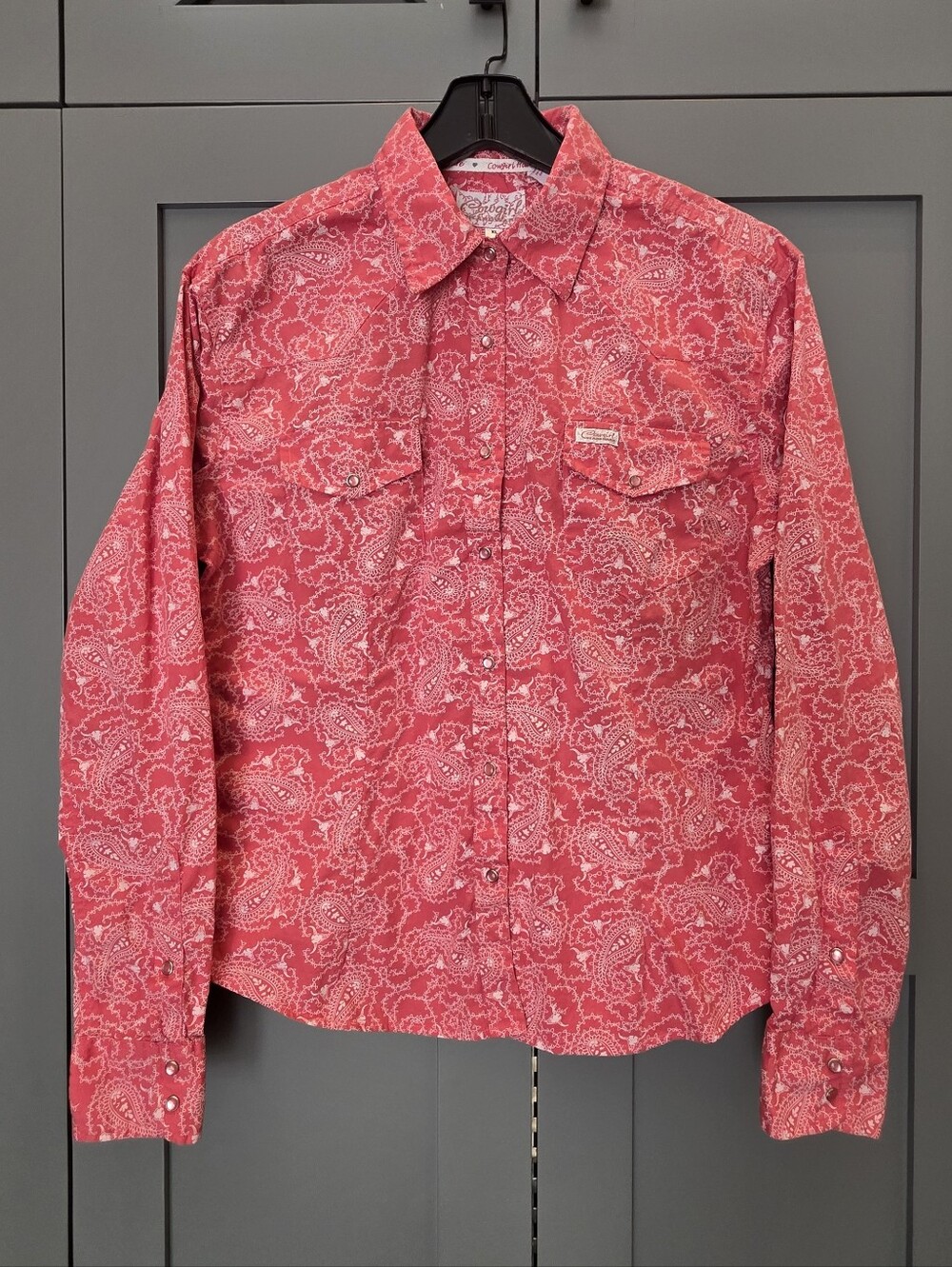 Cowgirl Hardware Shirt Womens XL Pink Paisley Steer Western Pearl Snap Button Up